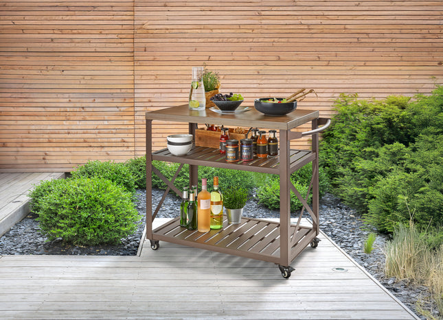 Atom Grills Large Outdoor BBQ Serving Trolley with Storage Shelf & Wheels – Brown
