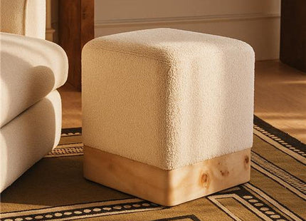 Mota Cream Boucle and Burl Wood Square Stool