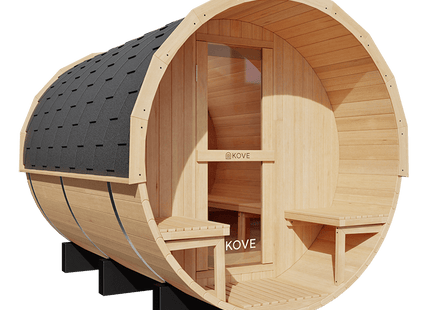 KOVE Outdoor Barrel Sauna – 5–6 Person Garden Sauna with 6kW Harvia Electric Heater