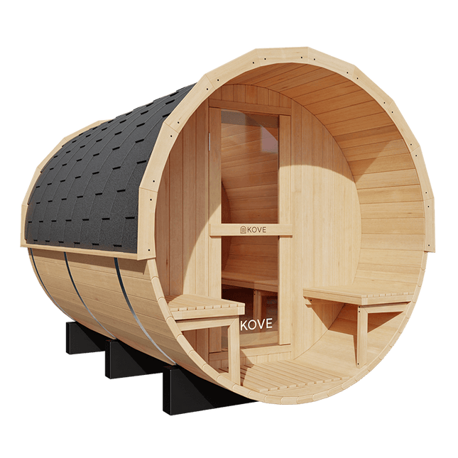 KOVE Outdoor Barrel Sauna – 5–6 Person Garden Sauna with 6kW Harvia Electric Heater