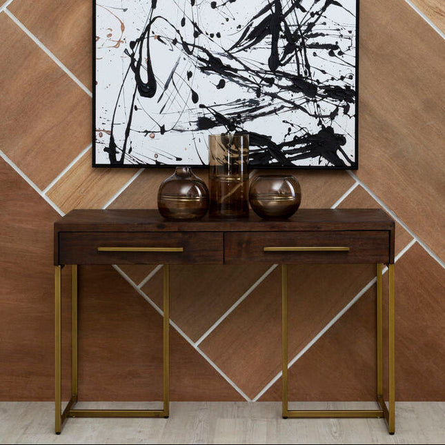 Brando Acacia Veneer Console Table with Antique Brass Finish Frame