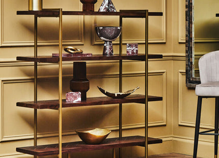Brando Acacia Veneer 4 Tier Shelf Unit with Antique Brass Frame