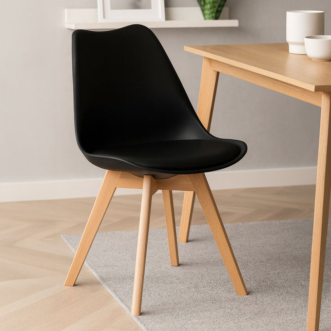 Stockholm Black Moulded Plastic Dining Chair with Faux Leather Seat and Splayed Wood Legs