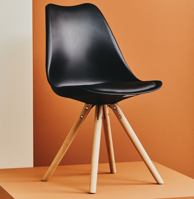 Stockholm Black Moulded Plastic Dining Chair with Faux Leather Seat and Wood Legs