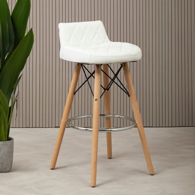 Stockholm White Leather Effect Quilted Bar Stool with Wood Legs