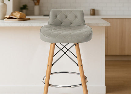 Stockholm Light Grey Leather Effect Quilted Bar Stool with Wood Legs