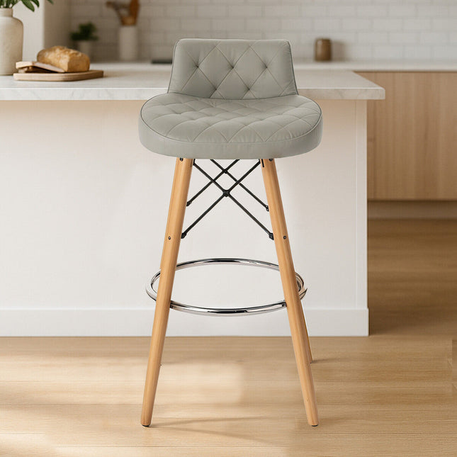 Stockholm Light Grey Leather Effect Quilted Bar Stool with Wood Legs