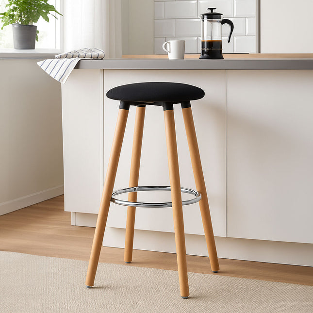 Stockholm Black Fabric Round Bar Stool with Wood Legs