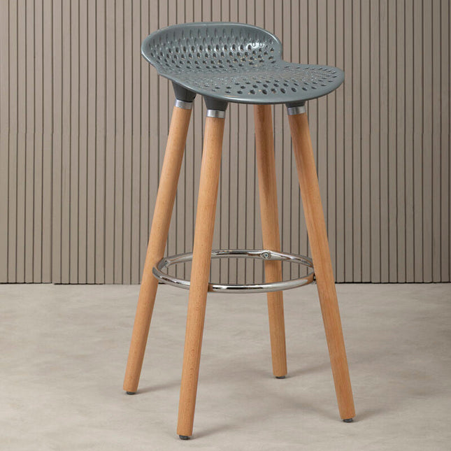 Stockholm Grey Moulded Plastic Bar Stool with Wood Legs