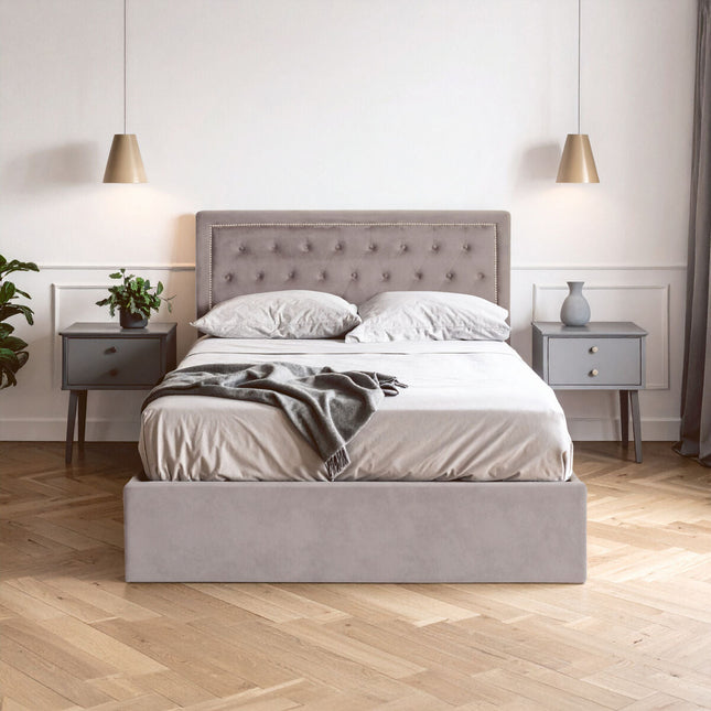 Hannah Grey Velvet Ottoman Double Bed