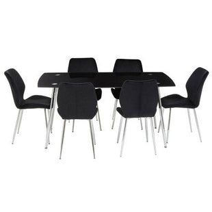 Wimslow Black Glass Dining Table and 6 Black Velvet Dining Chairs Set