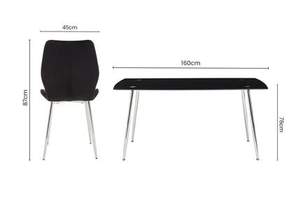 Wimslow Black Glass Dining Table and 6 Black Velvet Dining Chairs Set