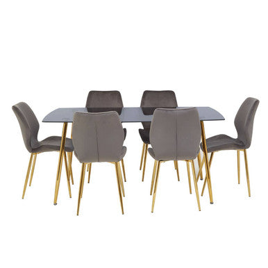 Wimslow Smoked Glass Dining Table and 6 Grey Velvet Dining Chairs Set