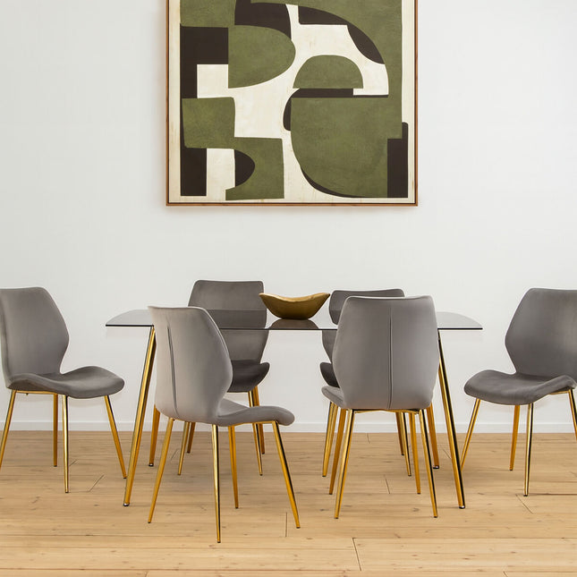 Wimslow Smoked Glass Dining Table and 6 Grey Velvet Dining Chairs Set