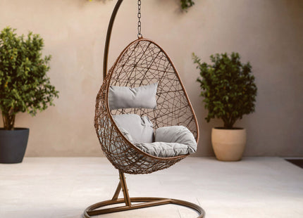 Goa Brown Rattan Hanging Chair with Grey Cushions