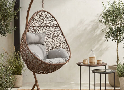 Goa Brown Rattan Hanging Chair with Grey Cushions