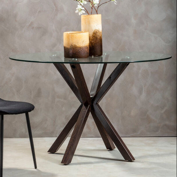 Salford Clear Glass Round Dining Table with Black Wood Effect Base