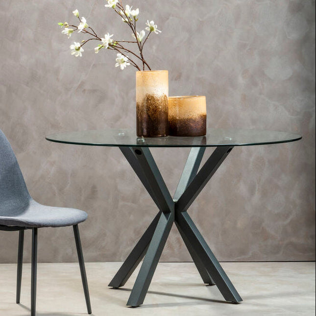 Salford Clear Glass Round Dining Table with Grey Finish Base