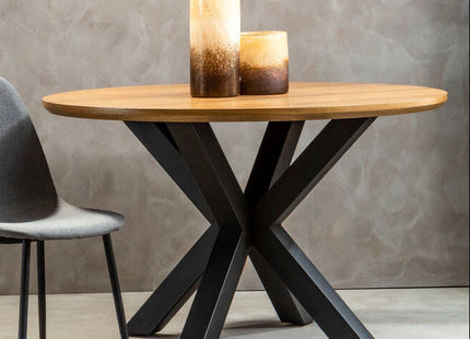 Salford Natural Wood Veneer Round Dining Table with Black Finish Legs