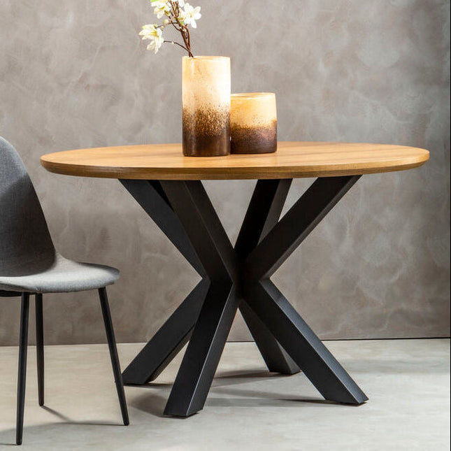 Salford Natural Wood Veneer Round Dining Table with Black Finish Legs