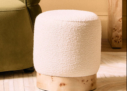 Mota Cream Boucle and Burl Wood Round Stool