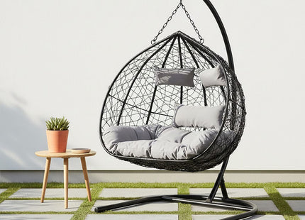 Goa Black Rattan Effect Double Hanging Egg Chair with Sledge Base