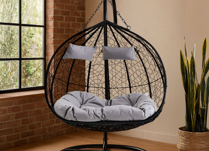 Goa Black Rattan Effect Double Hanging Egg Chair with Sledge Base
