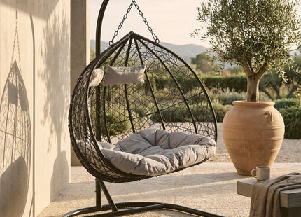 Goa Black Rattan Effect Double Hanging Egg Chair with Sledge Base