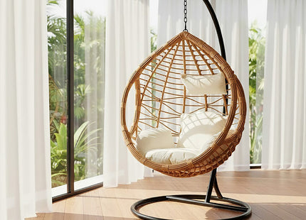 Goa Natural Rattan Effect Hanging Egg Chair with Cream Cushions