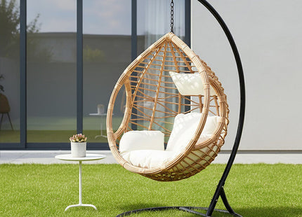Goa Natural Rattan Effect Hanging Egg Chair with Cream Cushions