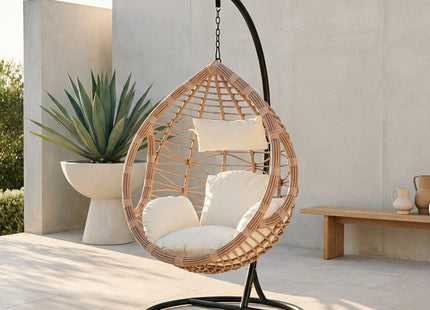 Goa Natural Rattan Effect Hanging Egg Chair with Cream Cushions