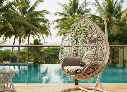 Goa White Rattan Effect Hanging Egg Chair with Grey Cushions