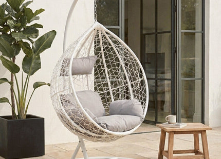 Goa White Rattan Effect Hanging Egg Chair with Grey Cushions