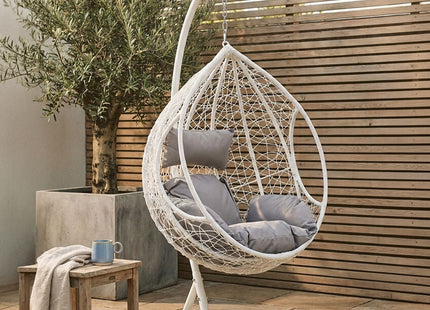 Goa White Rattan Effect Hanging Egg Chair with Cutout Sides