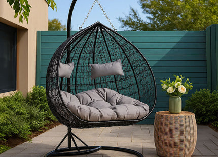 Goa Black Rattan Effect Double Hanging Egg Chair with Round Base