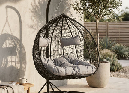 Goa Black Rattan Effect Double Hanging Egg Chair with Round Base
