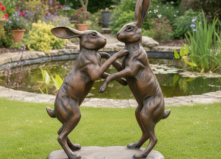 Boxing Hares Garden Sculpture – 60cm, Antique Bronze