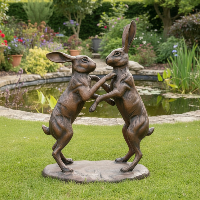 Boxing Hares Garden Sculpture – 60cm, Antique Bronze
