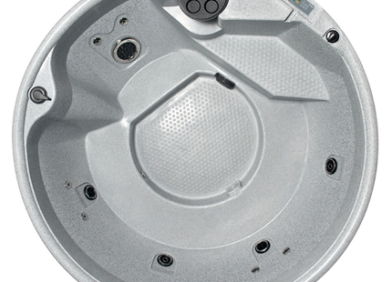 Overhead view of the RotoSpa QuatroSpa round hot tub in light grey showing seating and 26 hydrotherapy jets