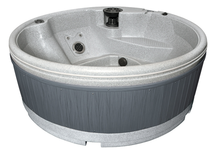 RotoSpa QuatroSpa 5-6 person round hot tub with light grey shell and dark grey panels