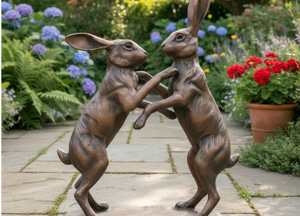 Boxing Hares Garden Sculpture – 60cm, Antique Bronze