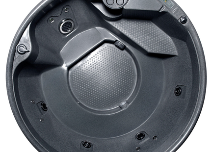 Overhead view of the RotoSpa QuatroSpa round hot tub in dark grey showing seating and 26 hydrotherapy jets