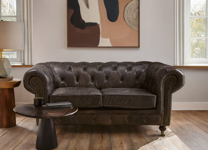 Victor Dark Grey Brown Leather 2 Seater Chesterfield Sofa