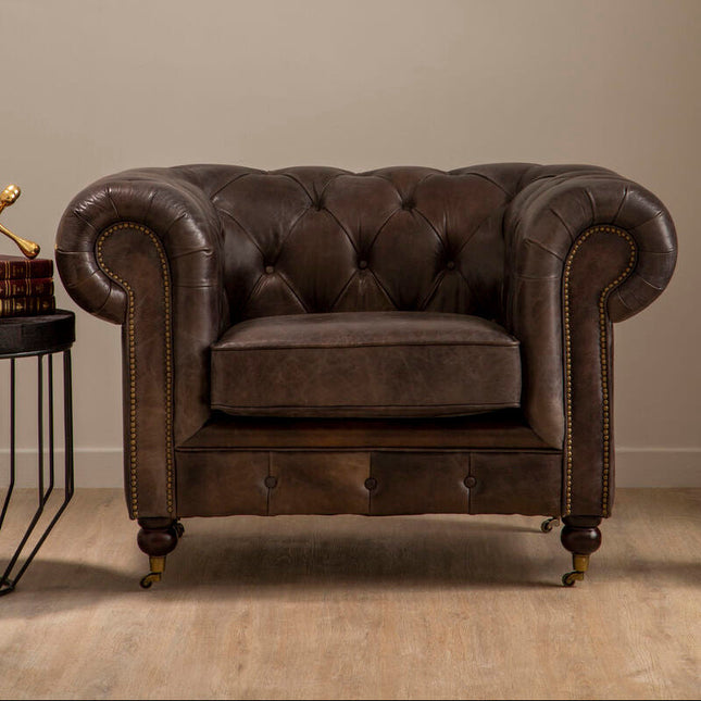 Victor Dark Grey Brown Leather Chesterfield Chair