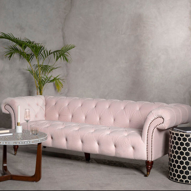 Suri Pale Pink Velvet 3 Seater Modern Chesterfield Sofa