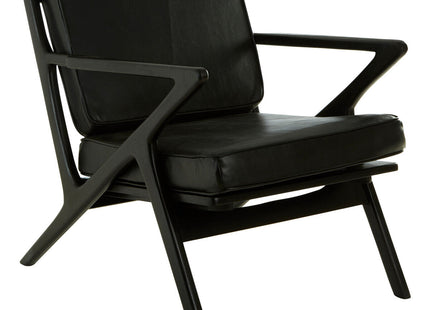 Kendari Black Leather and Teak Wood Frame Armchair