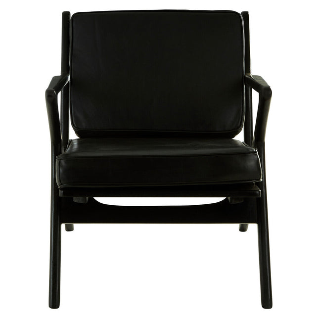 Kendari Black Leather and Teak Wood Frame Armchair