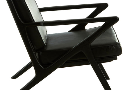Kendari Black Leather and Teak Wood Frame Armchair