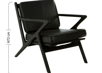 Kendari Black Leather and Teak Wood Frame Armchair