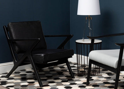 Kendari Black Leather and Teak Wood Frame Armchair